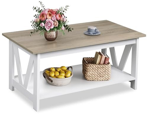 WLIVE 100cm Wooden Coffee Table, 2-Tier Open Storage Centre Table with M-Shaped Reinforcement, for Small UK Living Spaces, Grey Oak