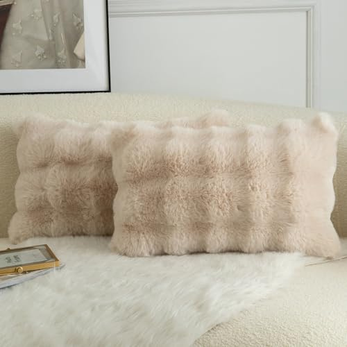 Mandioo 2er Set Luxus Dekorativ dicken Woll Kissenbezug Super Soft Wave Blase Plüschwolle werfen Kissenbezüge Zierkissenbezüge Sofakissen Schlafzimmer Kissenhülle für Sofa 40x80cm Beige