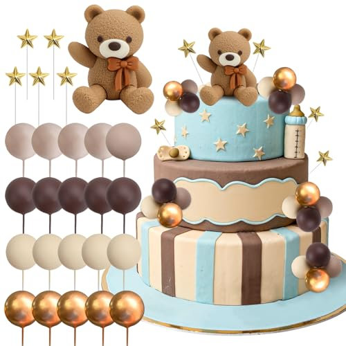 QGGTQG Teddybär Tortendeko 26 Stück Cake Topper Geburtstag mit Kugeln, Teddybär Kuchen Dekoration Tortendeko Taufe Junge Gender Reveal für Geburtstag Party, Mottopartys (Dunkelbrauner)