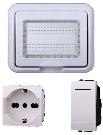 Kit Placca Scatola 503 Premontato IP55, 3 Moduli Presa Schuko 10/16A + Interruttore, Compatibile Con Bticino Living, Colore Bianco, Placca Stagna Idrobox Incasso Da Esterno