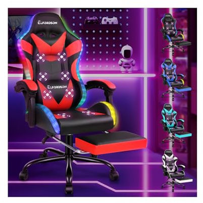 ELFORDSON LED Gaming Chair with 8-Point Massage, Ergonomic Computer Office Chairs with Headrest, Lumbar Cushion, Footrest, RGB Light, High Back 150° Reclining, 360° Swivel, PU Leather, Red