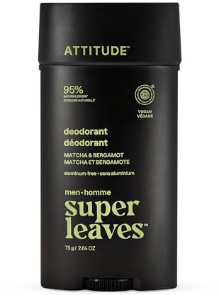 ATTITUDE Aluminum-Free Deodorant for Men, Made in Canada, 95% Natural Origin Ingredients, EWG Verified, Plant Based Odor Control, With Baking Soda, Matcha & Bergamot, 75 g