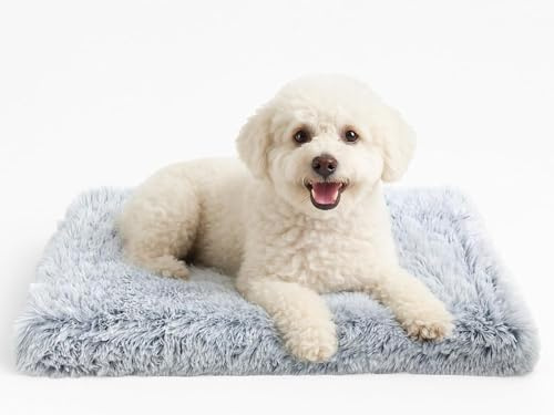 DONWEI Hundebett Flauschig,Orthopädische Matte 50X40X5Cm Hellgrau Waschbar | Weiche Langplüsch-Matte Mit Abnehmbarem Bezug, Rutschfest Für Alle Hundekisten