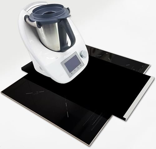 Tabla Deslizante Vinilada NEGRA LISA para Robot Cocinar Thermomix Monsieur Cuisine 60x30cm con borde de aluminio. Ruedas de goma, deslizamiento perfecto en encimera