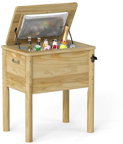 GYMAX Nevera Portátil de Madera 51L, Mesa de Patio con 3 Capas de Aislamiento, Diseño Práctico con Asa, con Abridor de Botellas y Agujero de Vaciado, para Exteriores, Camping, Jardín o Terraza