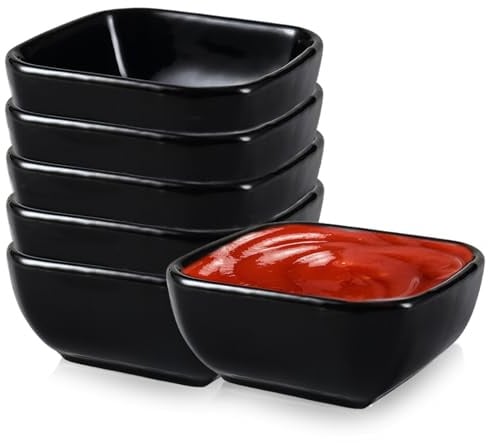 BAIFULAI 6er Schwarz Dipschalen Set, 95 ml Kleine Schälchen Keramik für Dips, Stapelbare, Quadratische, Sojasauce, Tapas Schalen Set für Charcuterie Board Sushi, Tomatensauce, BBQ, Party Zubehör
