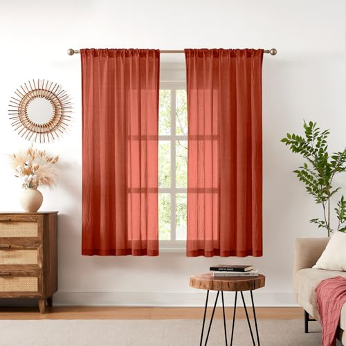 Melodieux Kurz Vorhänge 175cm - Terrakotta Vorhang für Schiene, Voile Vorhang für Wohnzimmer Dekoschal Küchengardinen Schlaufenschal Schlafzimmer, 175×140cm (H×B) 2er Set