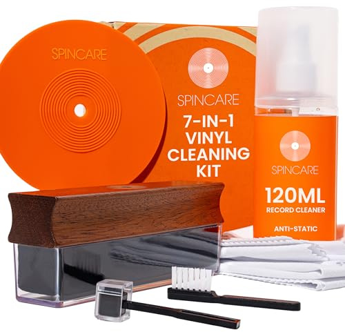 SPINCARE Kit Nettoyage Vinyle 7-en-1 | Nettoyeur Disque Vinyles | Brosse Velvet avec Manche en Bois | Solution 120 ml | Brosse Stylus | Protecteur d’Étiquette | Chiffons Microfibre