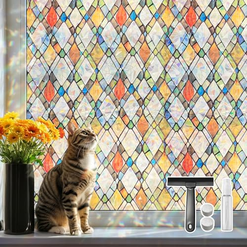 DARUITE Fensterfolie Bunt Fensterfolie Blickdicht mit Farbiger Ader-Diamant Elektrostatische Nicht Klebende UV-beständige Sichtschutzfolie Fenster Für Home, Office 60 x 200cm