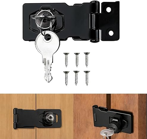 COAFTUG Keyed Hasp Lock 3 inch Hasp and Staple with Padlock Black Door Latch Hasp Twist Knob shed Door Locks Zinc Alloy Keyed Locking Gate Lock with Keys for Cupboard Cabinets Gate Wardrobe
