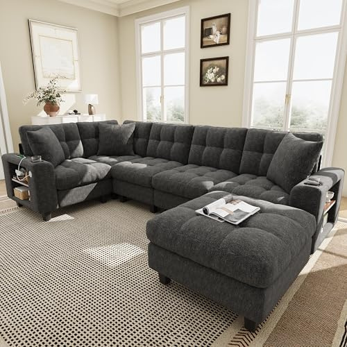 Sapgaks Canapé d'angle Convertible 6 Places avec USB,canapé Convertible 6 Places,canapé 6 Places,en Chenille,avec accoudoirs bibliothèque,Pouf Amovible pour configurations en L et en U,Gris
