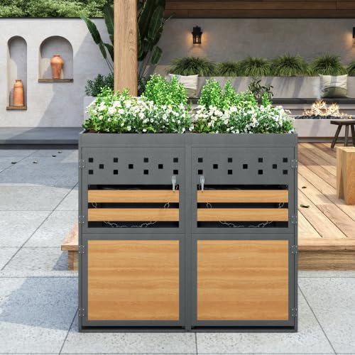 Merax Lot de 2 cache-poubelles avec toit pour plantes de 120 à 240 l, anthracite avec aspect bois, extensible, boîte de rangement pour poubelles à roulettes, coffre de jardin en métal