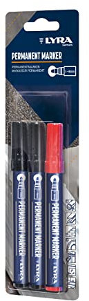 LYRA L4028005, LYRA Permanentmarker schwarz und rot 1-4mm, für professionelle Markierungen auf glatten und rauen Oberflächen, Blister mit 3 Markern (2x schwarz, 1x rot)