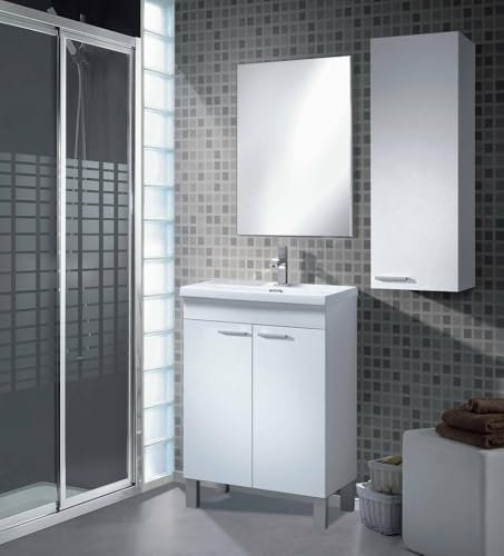 Dmora - Armoire murale Torrance, Armoire colonne de salle de bain avec 1 porte, Armoire murale suspendue avec 1 étagère, 30x25h85 cm, Blanc brillant