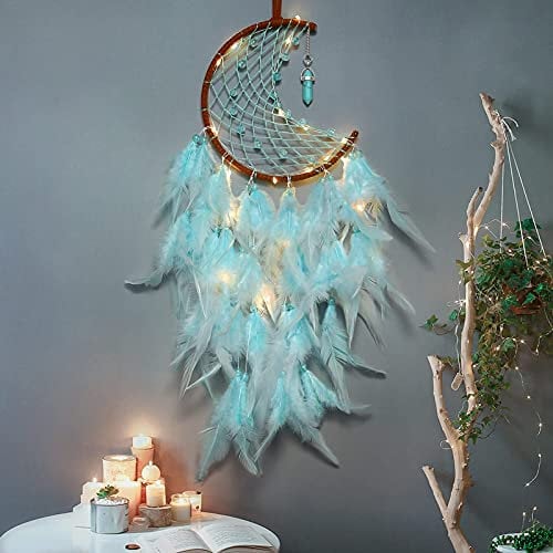 Dremisland Traumfänger mit LED Licht Handgefertigt Mond Dreamcatcher mit Federn Boho Dekoration Grün Federn Wandbehang Dekoration Macramé Children's Bedroom Accessories für Mädchen Kinder Geschenk