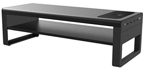 Aluminum Monitor Stand Riser with 4 USB3.0 Hub Charging Ports and Keyboard Mouse Storage Desk Organizer for Laptop Computer Notebook PC (wireless charging, 1 splitter 4-port USB)