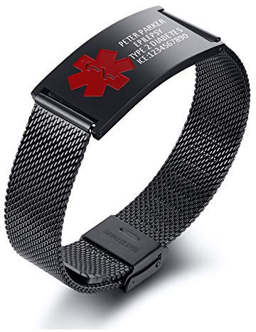 TYPE 2 DIABETES Armband, Medizinischer Alarm SOS Notfall Name ID Tag Identifikation Netzband Verstellbare Armbänder für Unisex, Schwa