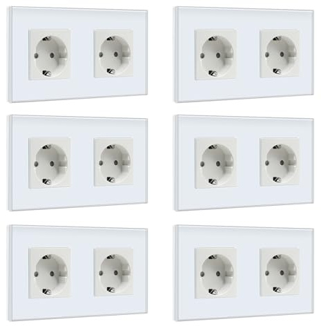 BSEED Schuko Steckdose, 2 Fach Unterputz-Steckdose, Kristall Glas Wandsteckdose Glas weiß, 16A Doppelte Schutzkontaktsteckdose 157mm (6 Pack)