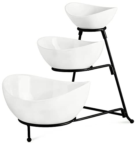 YHOSSEUN Support de service à 3 étages avec 3 bols de service ovales en porcelaine avec support en métal plus épais et pliable (noir)