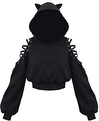Loalirando Women's Cute Cat Ear Crop Top Oversized Hoodie Off Shoulder Hollow Out Long Sleeve Black Punk Gothic Sweatshirts (Black, X-Large)