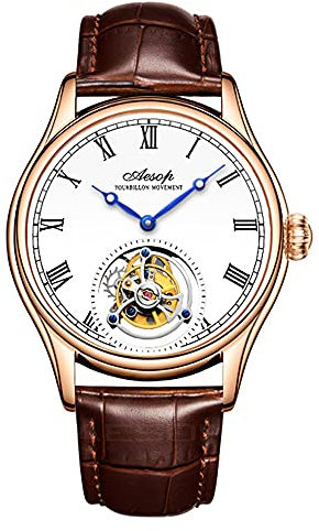Aesop Herren Mechanische Tourbillon Uhren Handaufzug Skelett Armbanduhren Analog Saphirglas Edelstahl 50M Wasserdicht Klassische Luxus Business Uhr für Herren(Roségold und Braun)