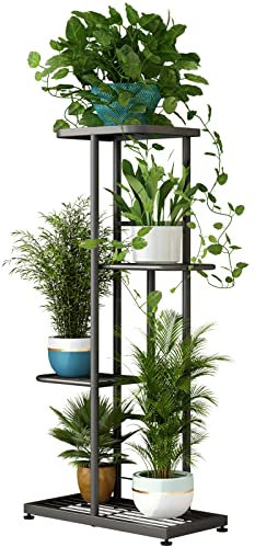 LINZINAR Metal 4 Tier 5 Potted Plant Stand Indoor Outdoor Planter Display Shelf for Patio Garden Corner Balcony Living Room