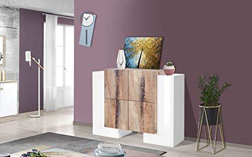 möbelando Highboard Beistellschrank Anrichte Standschrank Kommode Schrank Pinerolo I Weiß Hochglanz/Ahorn