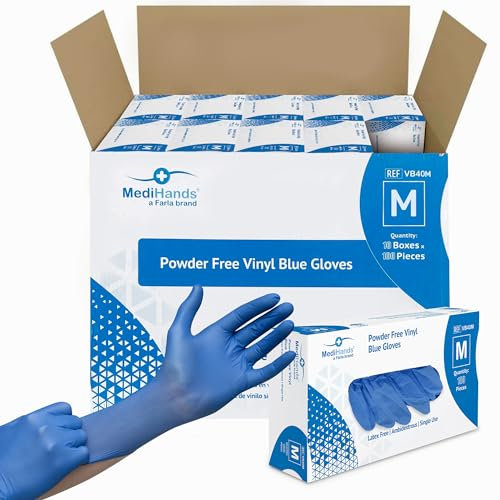 MediHands Vinyl Blue Medium Vinyl Examination Gloves - Case of 1000 Disposable, Powder-Free, Latex-Free, Protein-Free Medical Gloves - Multi-Purpose, Single-Use