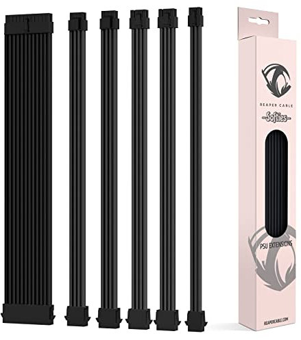 Reaper Cable Softies - Soft & Supple Sleeved PSU Extension Set - Power Supply Extensions - 1x 24 Pin / 2x 4+4 Pin / 2x 6+2 Pin / 1x 6-Pin - 30cm (Black)