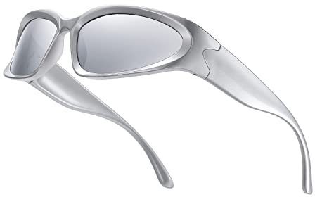 YUELUQU Futuristisch Sonnenbrillen Fahrradbrille für damen herren Y2K Sportbrille UV400 Schutz party brille rennrad brille (Silber(R)-Silber(L))