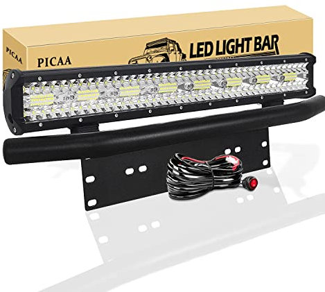 PICAA Car Led Light Bar, 22 inch Tri Row 8D 480W LED Work Lights Bar Lamp Light With Licence Number Bumper Plate Mounting Bracket 12V Wiring Kits For Off road Truck SUV UTE ATV 4x4, 6000K