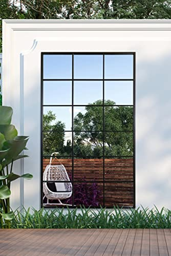 MirrorOutlet The Genestra - Black Modern Window Full Length Garden Wall Mirror 79 X 47 (200CM X 120CM) Silver Mirror Glass with Black Metal Frame.