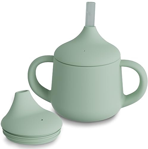 Moonkie Bicchiere Antigoccia Bambini 3-Step, Bicchiere con Cannuccia, con Manici, Silicone Bicchiere Neonato, Tazza per Bambini senza BPA, per Lavastoviglie, Borraccia Bambini 4 oz(Verde Grigio)