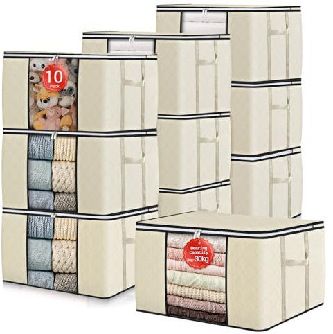 GoMaihe 90L Aufbewahrungstasche 10 Stück, Aufbewahrungsbox mit Deckel Groß Verstärkte Griffe, Kleidung Umzugskartons für Bettdecken, Unterbett Aufbewahrung Kleiderschrank Boxen Organizer Beige