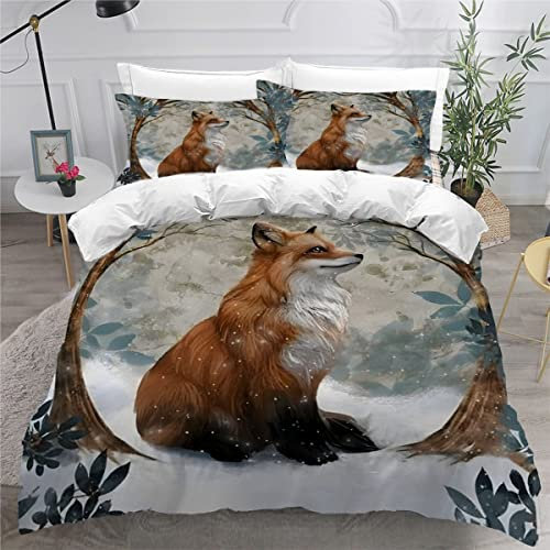 AKATIE Bettwäsche Fuchs Bettwäsche 135x200 Kinder Roter Fuchs Bettbezug Set Weich Microfaser Kinderbettwäsche 3 Teilig Mit ReißVerschluss Mit 2 Kissenbezug 80x80 cm