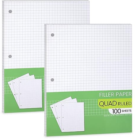 Millimeterpapier, Füllpapier, lose Blätter, Millimeterpapier, 20,3 x 26,7 cm, kariert, 10 x 4 Quad liniert, 3-fach gelocht, lose Blätter für 3-Ringbücher – 100 Blatt pro Packung (2 Stück)