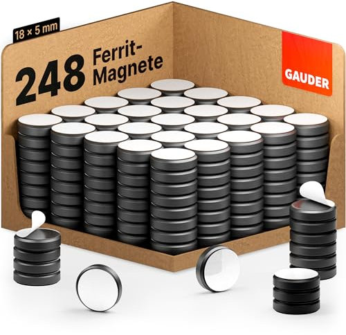 GAUDER Magneti con cuscinetto adesivo per lavagna magnetica – Forti magneti da lavagna per lavagna bianca, bacheca, frigorifero e ufficio, rotondi, neri ad alta forza adesiva (248 pezzi, 18 x 5 mm)