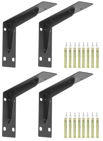 QWORK® 4PCS Équerre pour Etagères Murales, 240 x 145 mm Équerre Fixation en Acier Solide, Structure Monobloc, Charge Maximale 120 kg, Noir Mat