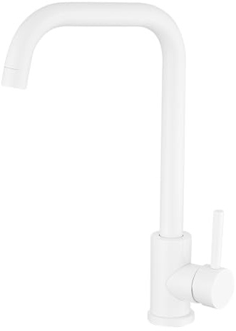 VALAZ Rubinetto Lavello Cucina Alto con Beccuccio Bianco Lucido | Rubinetti Monocomando | Flessibile, Alta Pressione, Risparmio idrico, 360°, Installazione Veloce | Acciaio Inox, Serie Zancara