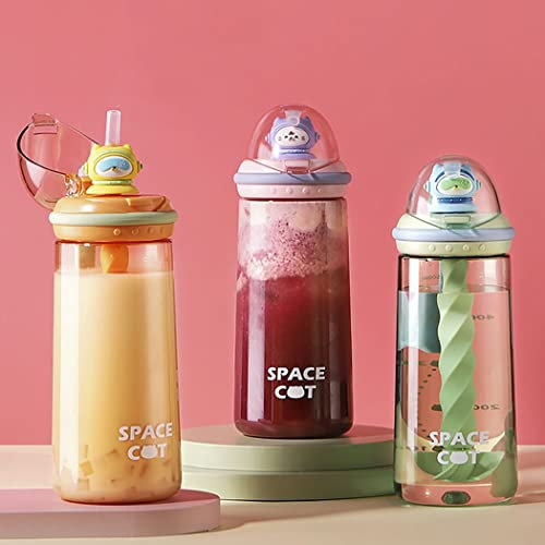 GraSky Kawaii Bouteille d'eau shaker rose avec paille et poupée créative – Taille 580 ml, tasse de shake protéiné avec agitateur et autocollants pour écolières filles