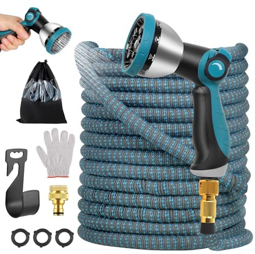 ExKeen Manguera de Jardín 15M/50FT, Manguera Extensible con 10 Funciones, Manguera Riego Flexible con 4 Capa de Látex, Tela 3750D, Conectores de Latón de 1/2 y 3/4 Pulgadas (15M)