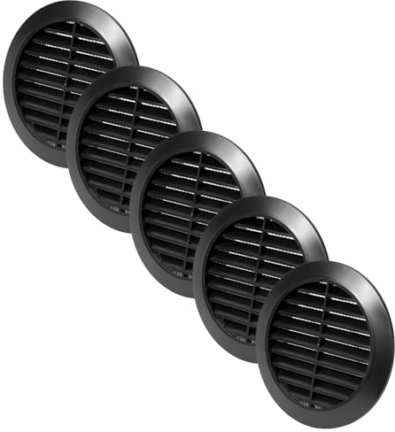 Vent Systems Lot de 5 caches d'aération de 90 mm - Noir - Fentes d'aération rondes - Couvercle de barbecue - Protection contre les insectes intégrée - Ouvertures d'aération CVC pour salle de bain,