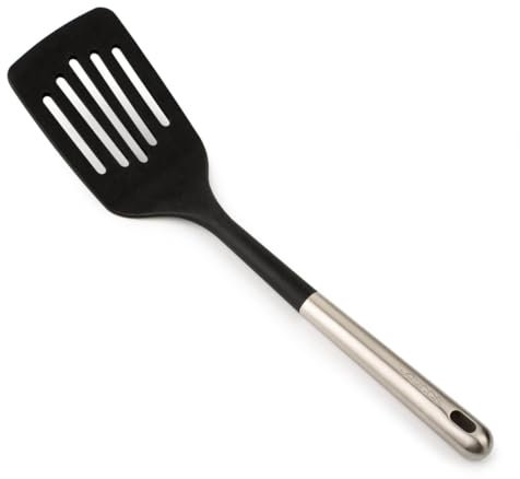 ARCOS Espátula Ranurada de Silicona, Rectangular y Flexible de 339 mm para Girar, Mezclar y Despegar Alimentos en Cocina. Mango y Cuerpo de Acero Inoxidable. Resiste 240º. Color Negro y gris