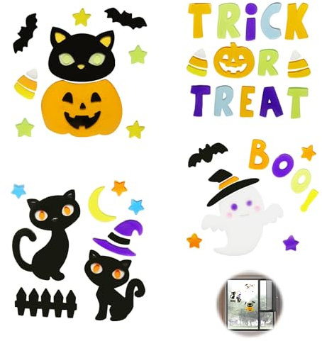 4Pcs Thick Gel Clings for Kids - Easy to Install Halloween Window Stickers with Cute Pumpkins, Witches & Bats