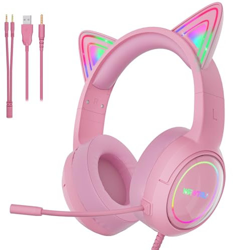 WIRWTRU S25 Pink Gaming Headset with Microphone, Over Ear Gaming Accessories Headphones with Cat Ears for PS5, PS4, Xbox One, PC, Switch, 50mm Drivers, Stereo Surround Sound