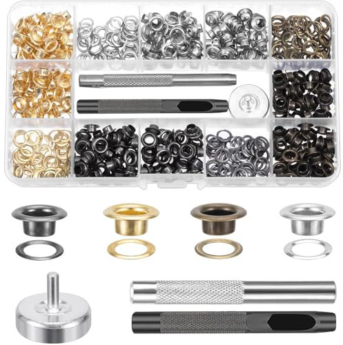 400Pcs œillets de couture, quatre couleurs, œillets en cuivre de 5 mm, incluant un outil de perforation, un outil d'installation et un socle, adaptés pour le cuir, les sacs et les chaussures.