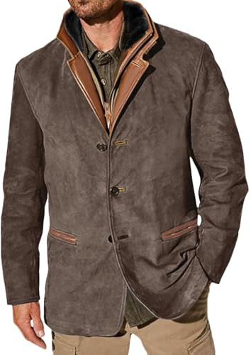 Veste Homme Hiver, Veste de pilote Coupe-vent Aspect daim Cuir synthétique Veste de travail Veste en daim pour homme Manteau long Vintage Col à revers pour Hommes Mode Outwear