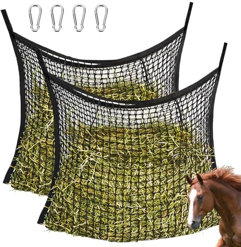 2 Pcs Heunetz für Pferde: 60 x 90cm Farming Heunetz, Heunetz Mesh, Pferdeheunetz mit 4 Karabinerhaken, Futternetz für 8kg Heu, Heutasche, Heusack Fütterungszeit kann Verlängert Werden für Pferde