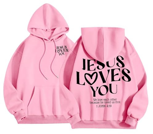 Topassion 2024 Christliches Hoodie Damen Kordelzug Jesus Loves You Kapuzenpullover Rundhals Sweatshirt mit Taschen Oversize Training Pulli College Letter Pullover Langarmshirt Streetwear(Pink,S)