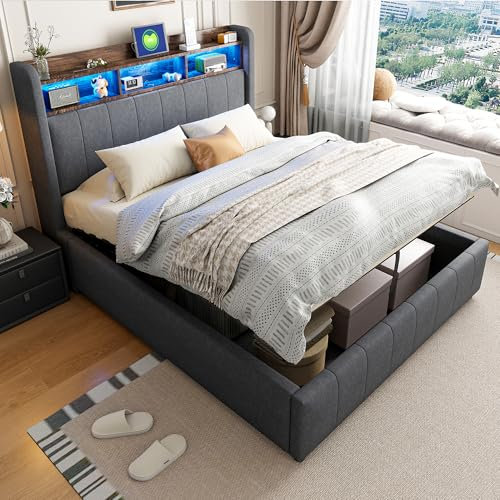 Gegtuon Polsterbett Bett 140x200 mit USB-LED-Licht, Doppelbett mit Hydraulisch Stauraum und Kopfteil, Stauraumbett Bettgestell Jugendbett mit Lattenrost für Schlafzimmer, ohne Matratze, Grau, Leinen